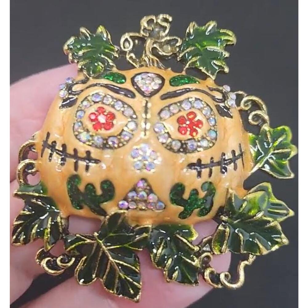 Gothic Pumpkin Brooch Rhinestone & Enamel Jack o' Lantern